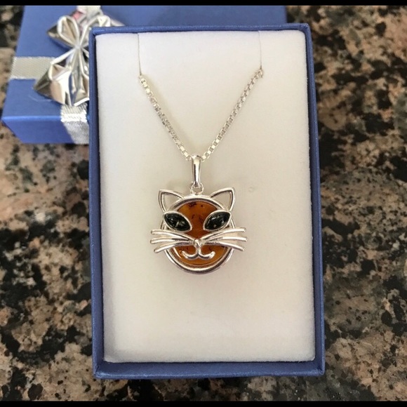 STERLING SILVER GENUINE BALTIC AMBER CAT NIB - Picture 4 of 6